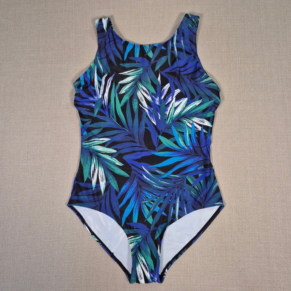 ECUPPER Womens Tropical Leaf Print One Piece Swimsuit Blue Green Size 10 NWT